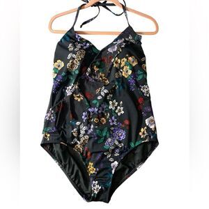 Time and Tru One Piece gray and Floral ruffle tie neck padded XL 16-18 Swimwear